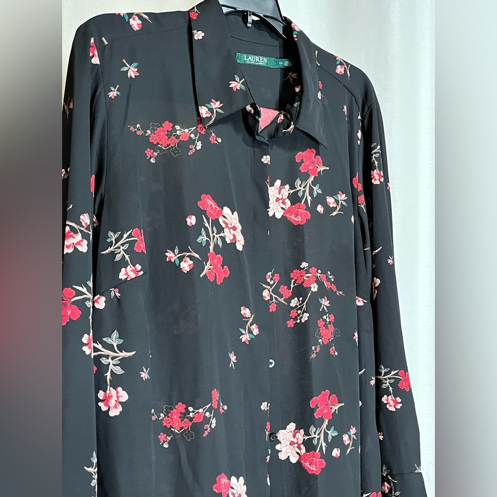 Lauren Ralph Lauren dark Floral Sheer Blouse 1X Black Gold Button Top - Picture 2 of 8